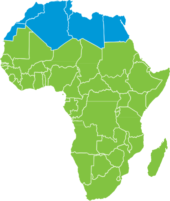 Political map of Africa with Subsaharan countries highlighted in green.
